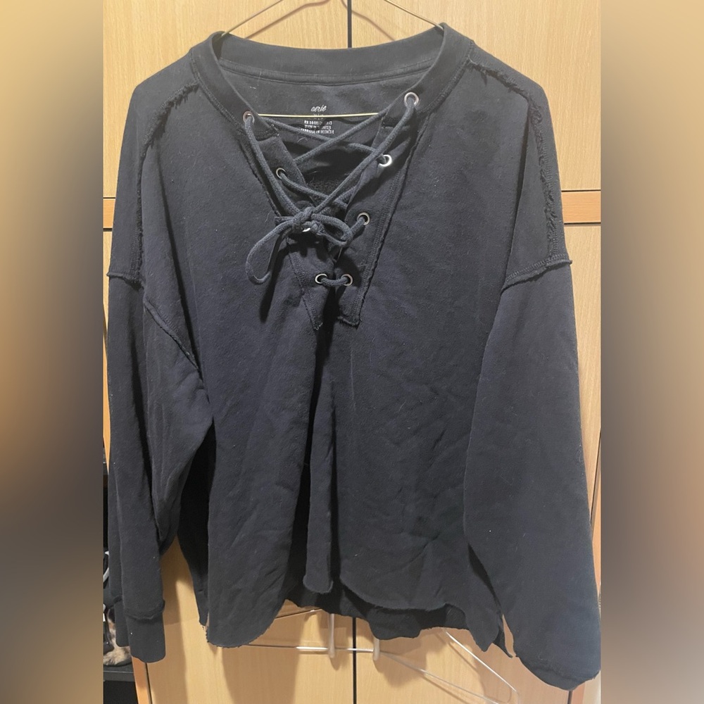 Black Lace Up Sweatshirt by Aerie Womens Medium